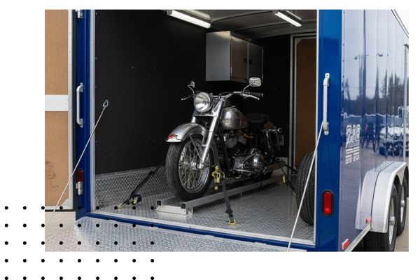 The interior of a blue enclosed cargo trailer with its rear ramp door open. A vintage-style silver motorcycle is securely strapped down on a custom wheel chock on the diamond plate floor.